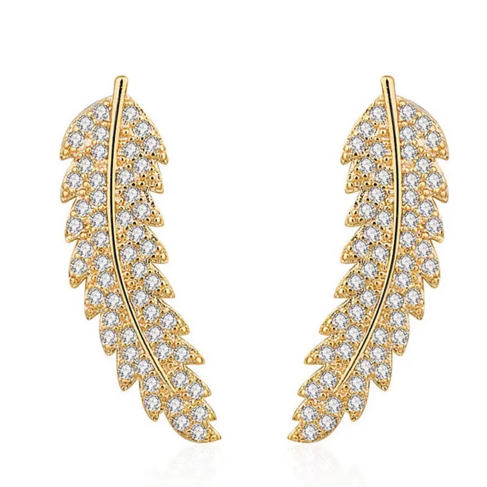 Gold Rhinestone Feather Stud Earrings